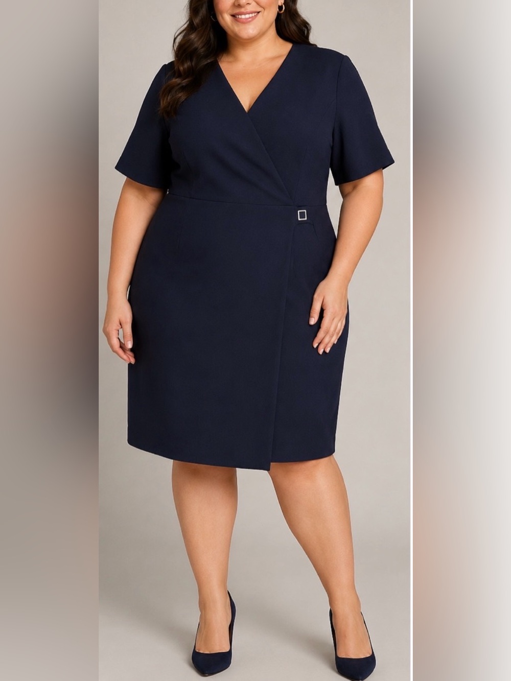 HUGO BOSS Navy Desirena Faux Wrap Stretch VNeck Sheath Plus Career Work Dress 18